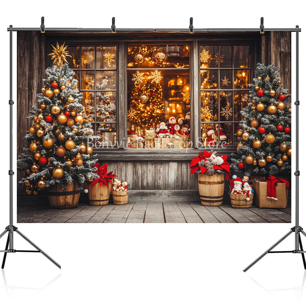 Bonvvie Christmas Backdrop Window Fireplace Xmas Tree Gift Winter Snow Baby Portrait Photography Background Decor Photo Studio