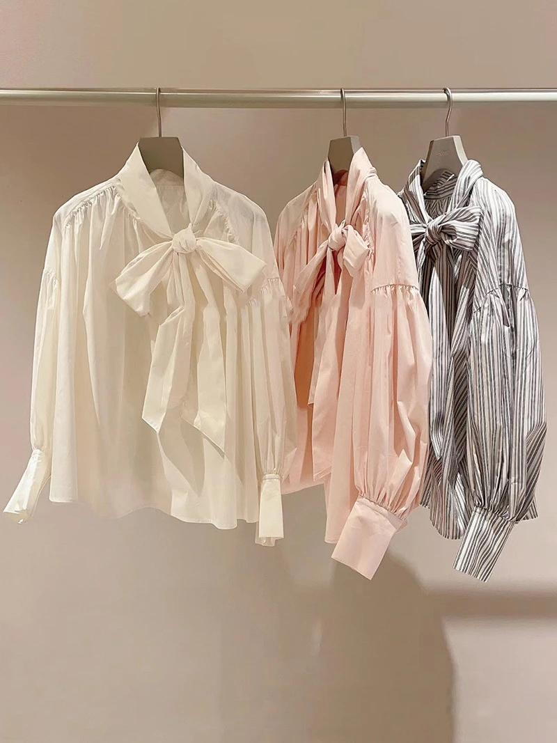 

Весна 2023: Новая женская блузка в японском стиле с рукавами-фонариками, узором в полоску и завязками, дышащая, приятная к телу