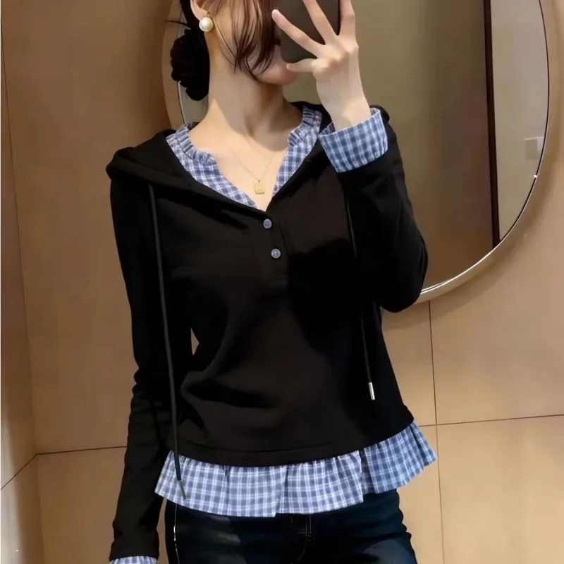Black Plaid Collar Hoodie Long Sleeve Pullover Top With Button Neck And Contrast Hem For Women Casual Style Fall Wear