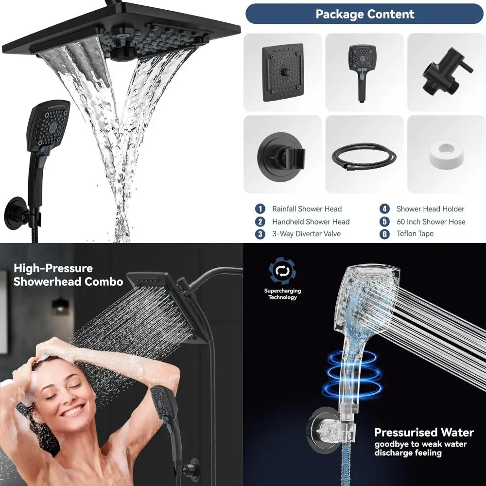

60 Matte Black Adjustable Dual Shower Head Combo with Rainfall and Handheld Spray