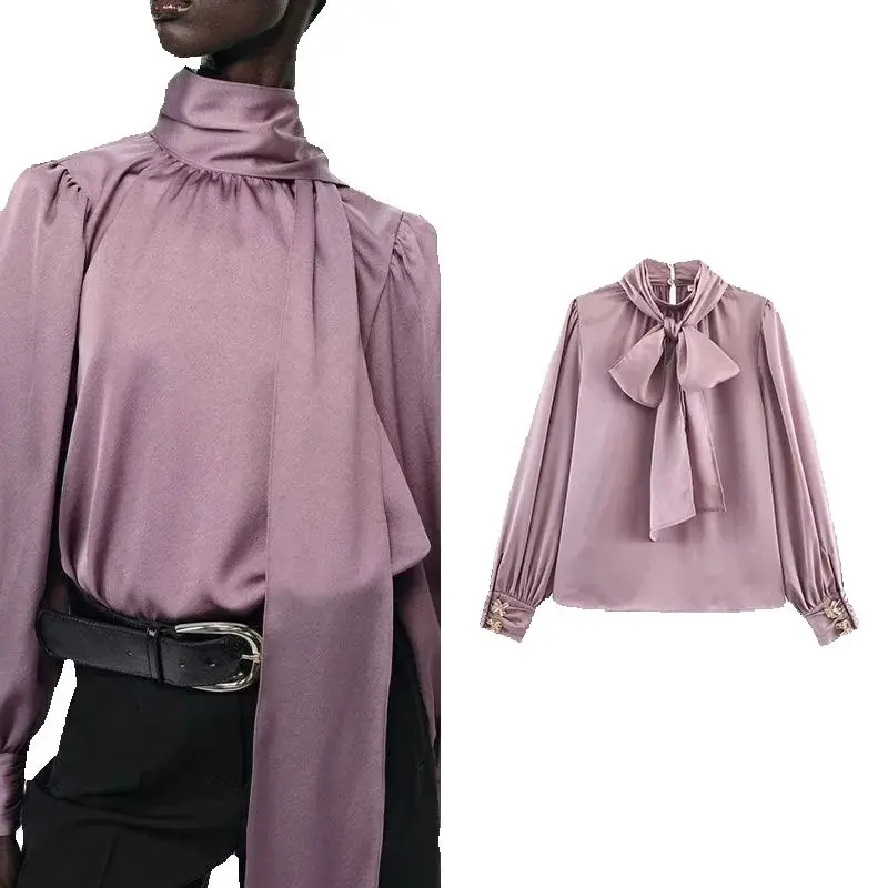 

Модная женская рубашка в европейском и американском стиле для весны и осени, с дизайном в виде банта-бабочки и элегантным характером.