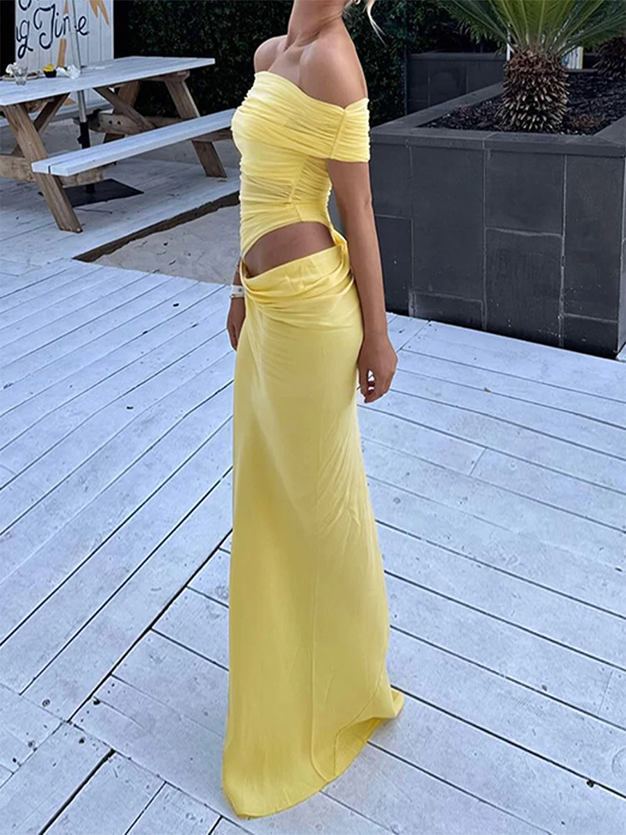 Women Long Dress Solid Color Boat Neck Off Shoulder Dress Summer Fashion Bodycon Dress