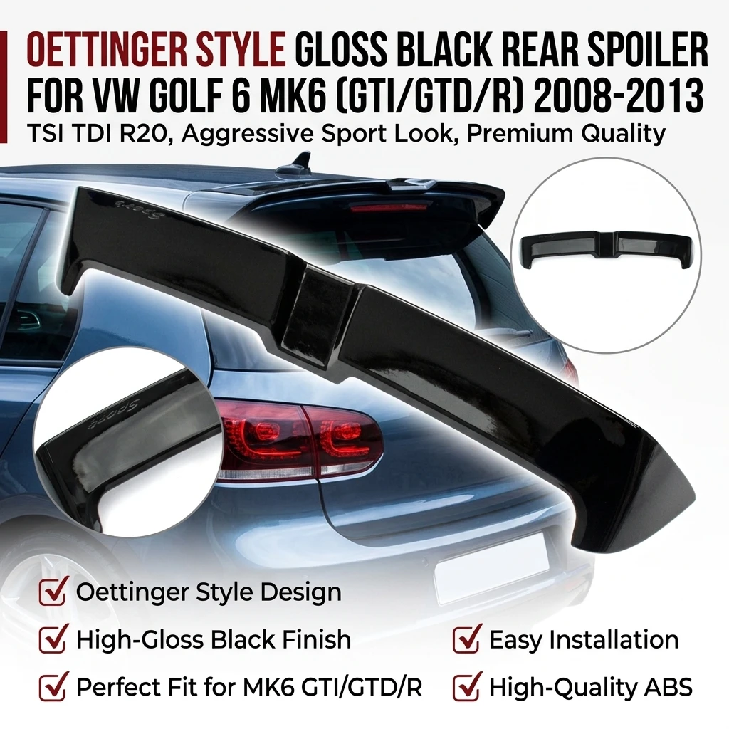 Image of Heckspoilerlippe für den Kofferraum, Oettinger-Stil, glänzend schwarz, Tuning-Zubehör für VW Golf 6 MK6 GTI GTD R R20 TSI TDI 2008–2013.