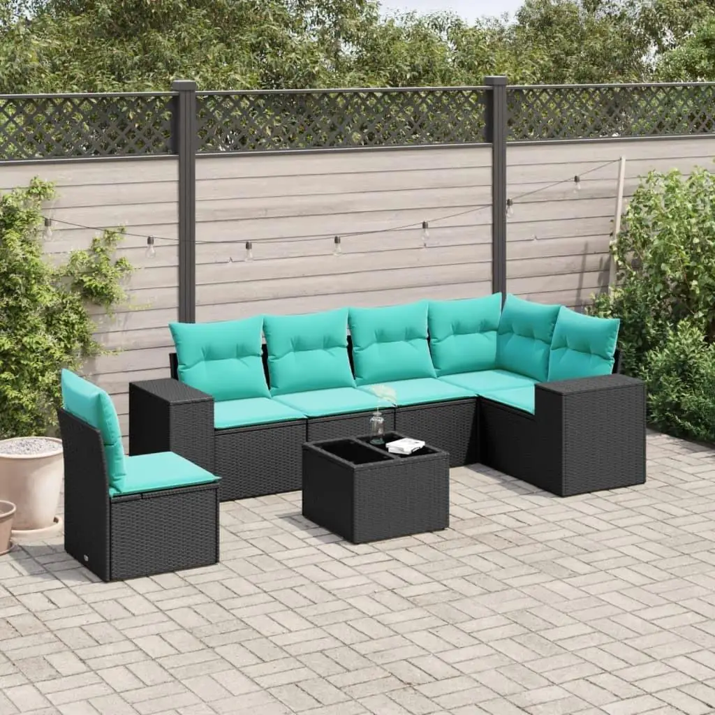 

7 Piece Black Rattan Patio Sofa Set with Soft Cushions for Outdoor Garden Furniture