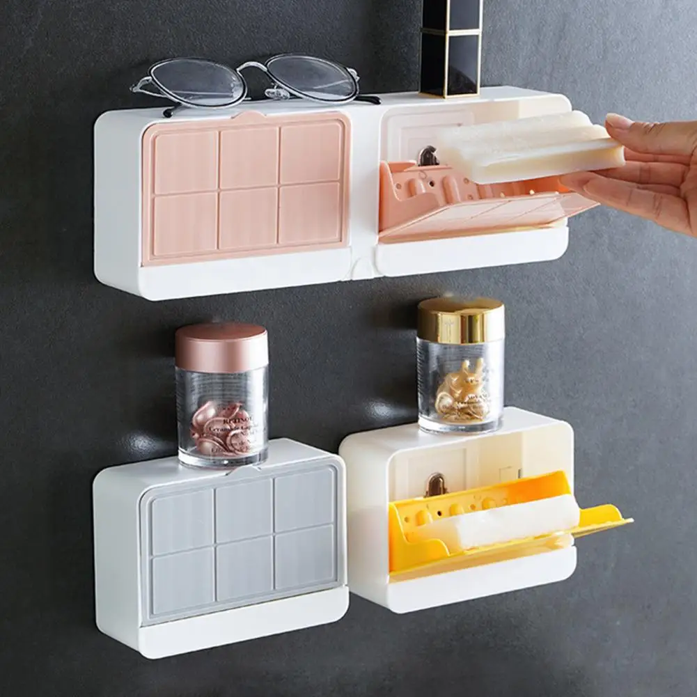 Soap Holder Wall Mount Soap Dish with Hidden Hook Cover Drain Holes Dustproof Plastic Punch Free Bathroom Accessories