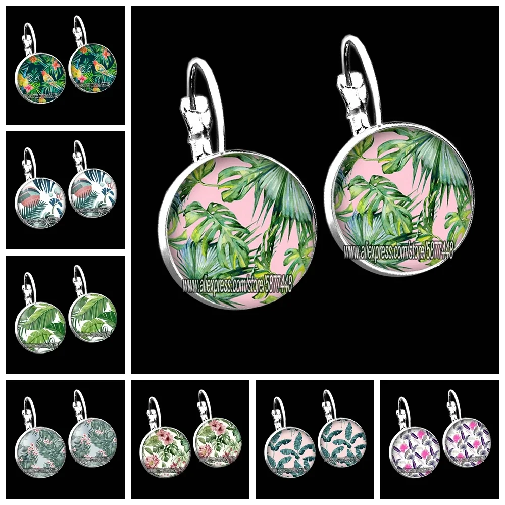 Green Tropical Leaves Women Stud Earrings Beautiful Tropical Green Plant Leaf  Glass Cabochon Earrings Gift for Girl