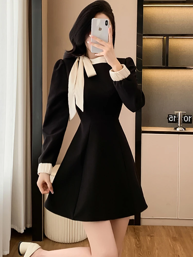 Herfst Winter Zwarte Lange Mouw Chique Boog Kraag Mini Jurk Vrouwen Elegant Casual A-lijn Jurk 2025, Koreaanse Bodycon Festival Jurken