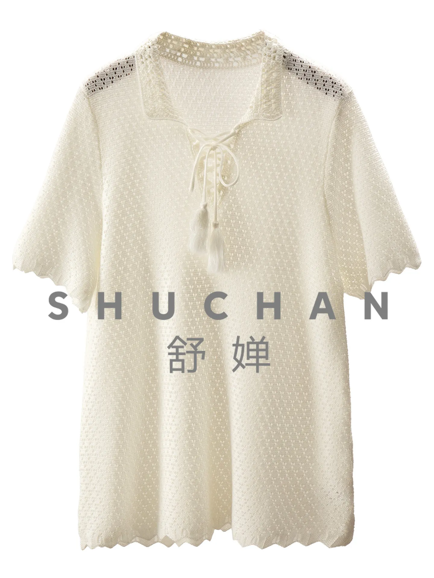 

Summer Casual Slack Pullover Retro Tassel of The Cabinet with Wool Short-sleeved Hollow Knitted Sweater Women's 05W2