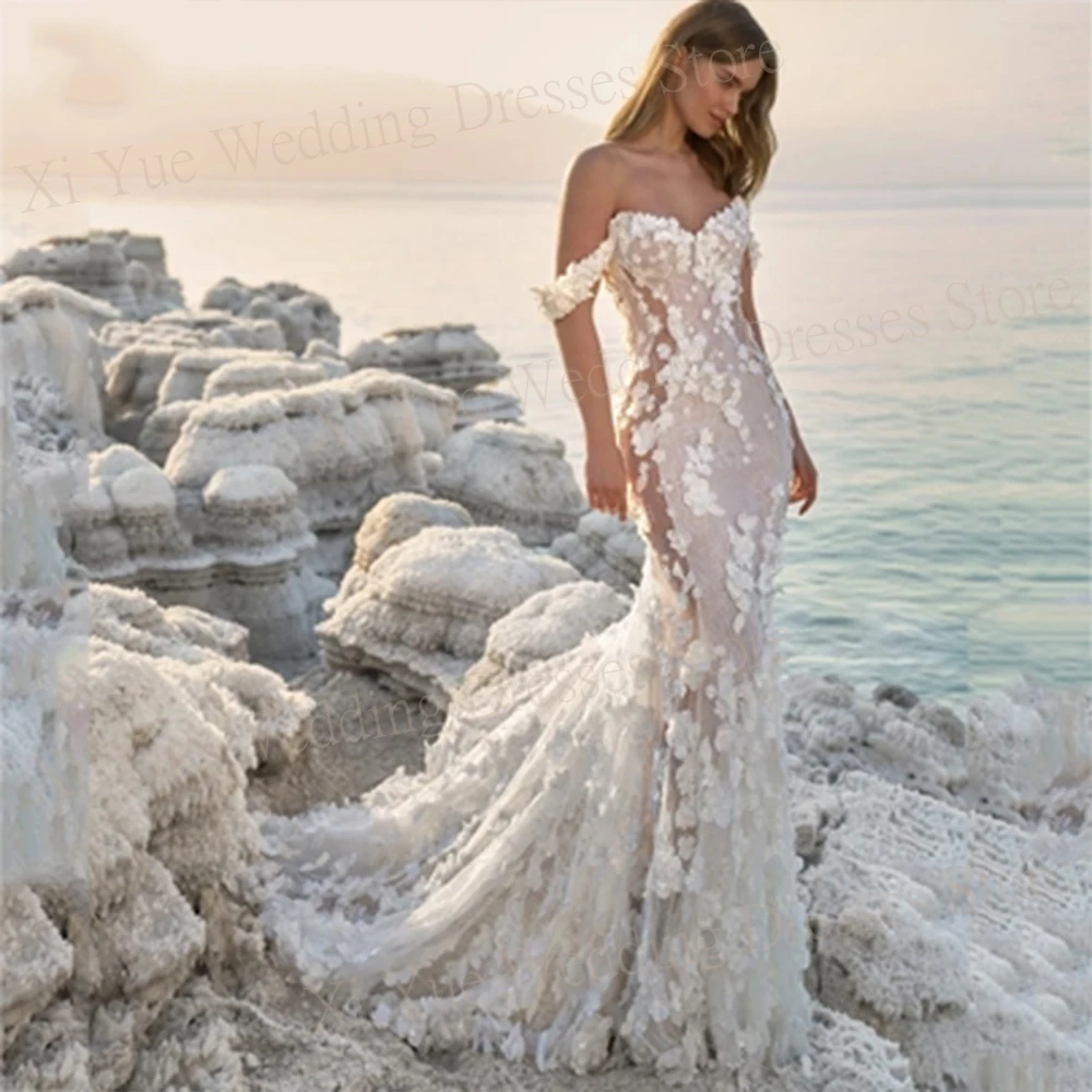 Sexy Exquisite Sweetheart  Mermaid Wedding Dresses Lace Appliques Backless Off The Shoulder Bride Gowns New 3D Flowers Illusion