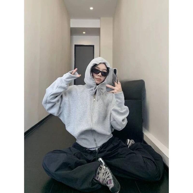 Autumn new washed niche widened thread short hooded jacket loose retro waist jacket women's trend comfortable and beautiful