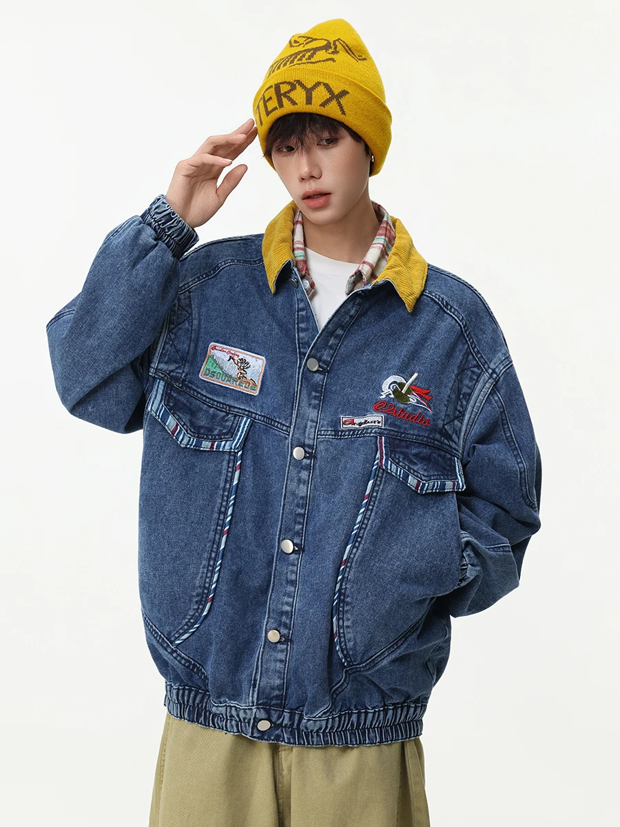 

Boyue American Retro Contrast Color Embroidery Jeans Jaet Loose Collar Design Versatile Outerwear for Men And Women