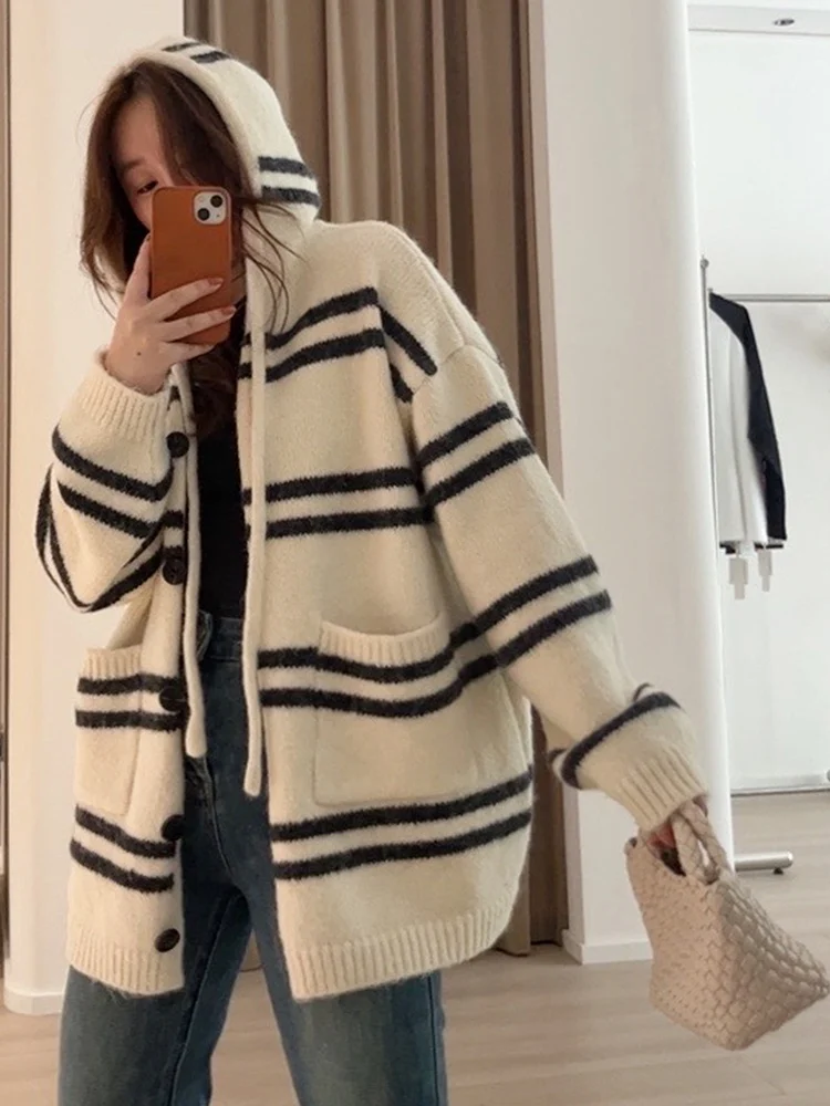 

Женское трикотажное пальто в полоску с капюшоном, повседневное свободное пальто, модная верхняя одежда, весенне-осенний удобный дышащий длинный кардиган све