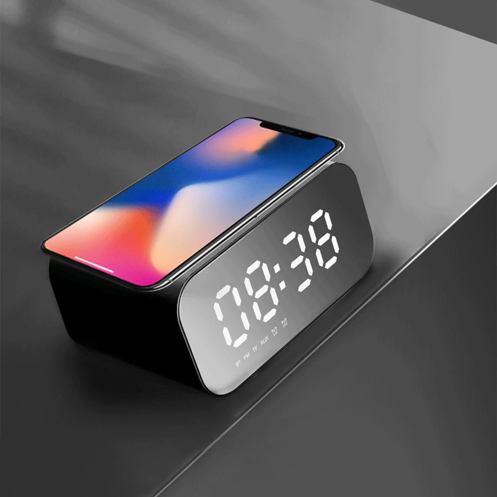 Digital Alarm Clock Bluetooth Speaker FM Radio Wireless Charger Phone Charging Pad USB Fast Charger Table Clock