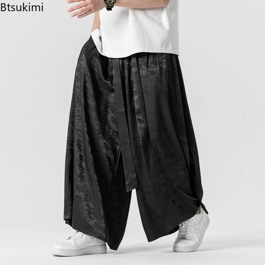 Summer New Men's Cotton Linen Wide Leg Pants Vintage Print Loose Casual Trousers Trend Streetwear Chinese Style Men Hanfu Pants