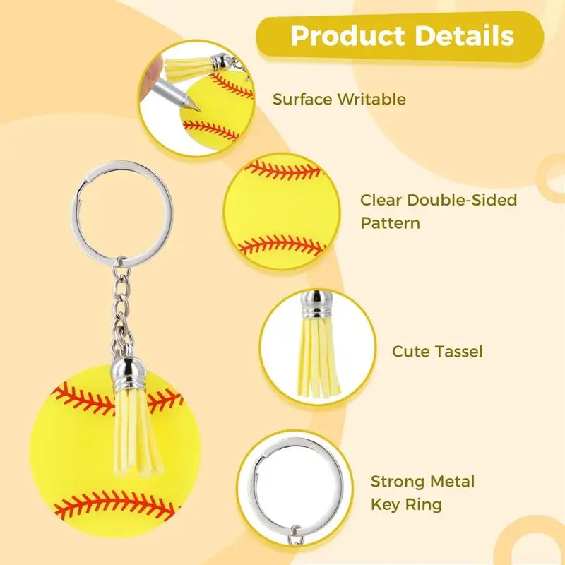 24Pcs Softball Baseball Acrylic Keychains Mini Baseball Key Rings Keychain Tassel Softball Key Ring Blanks For Keys Party Favor