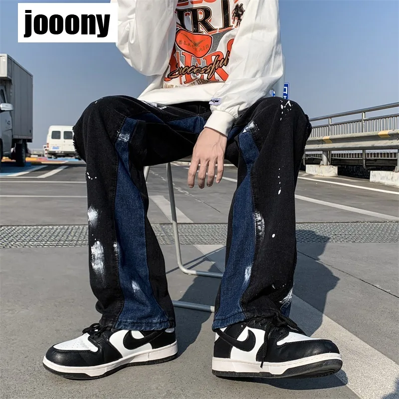 

Y2K Aesthetics Style Men Clothing Straight Patchwork Hip Hop Flared Denim Trousers Personalized Painted Baggy Jeans Cargo Pants
