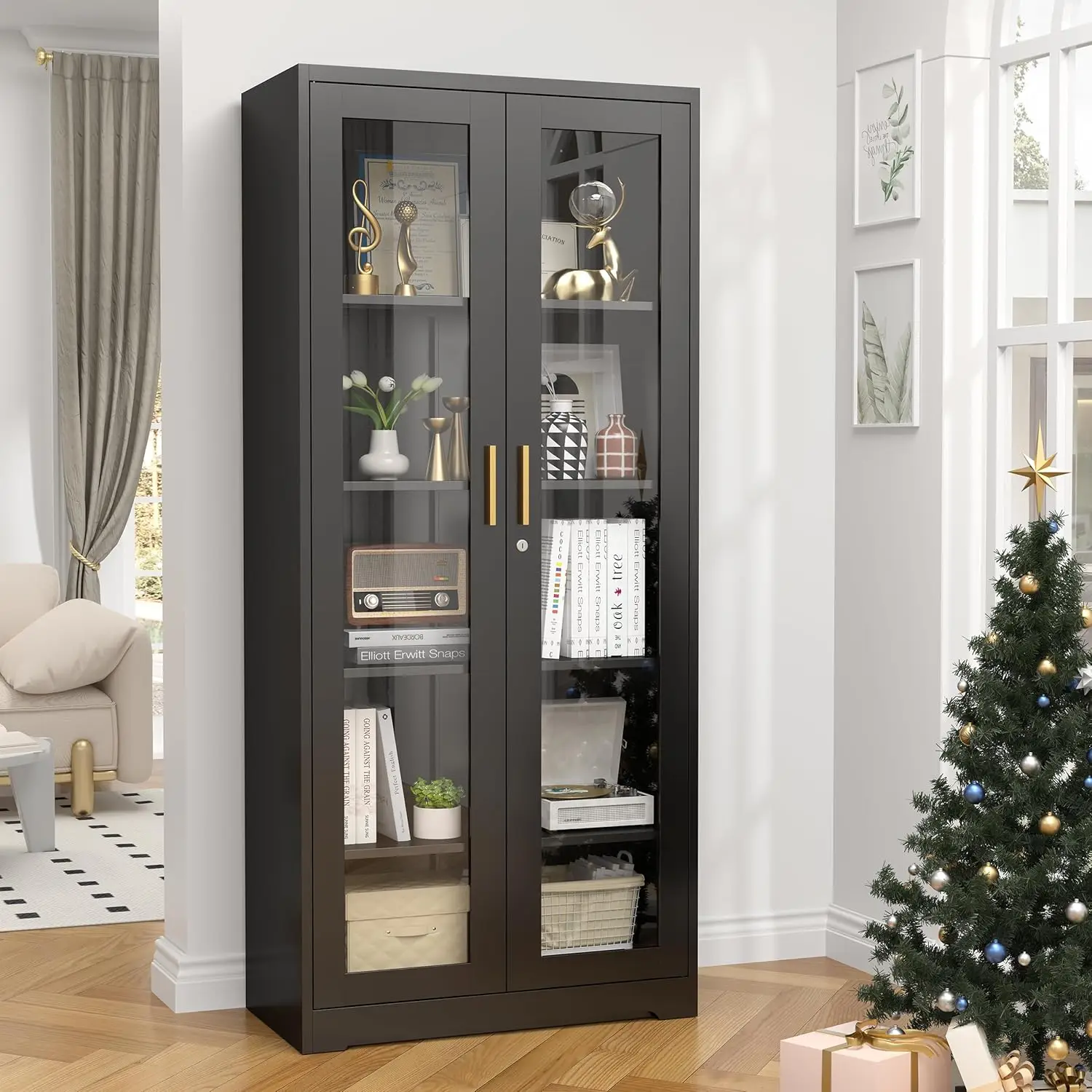 

Стеклянная витрина, металлический шкаф Curio высотой 71 дюйм со стеклянными дверцами, черная витрина, шкафы для хранения с 4 регулируемыми дверями