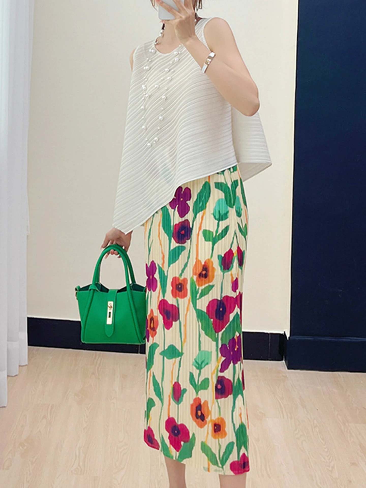 

Comfortable Pleated Floral Print Skirt Women's Versatile High Waist A-Line Midi Skirt Faionable Summer New Arrival