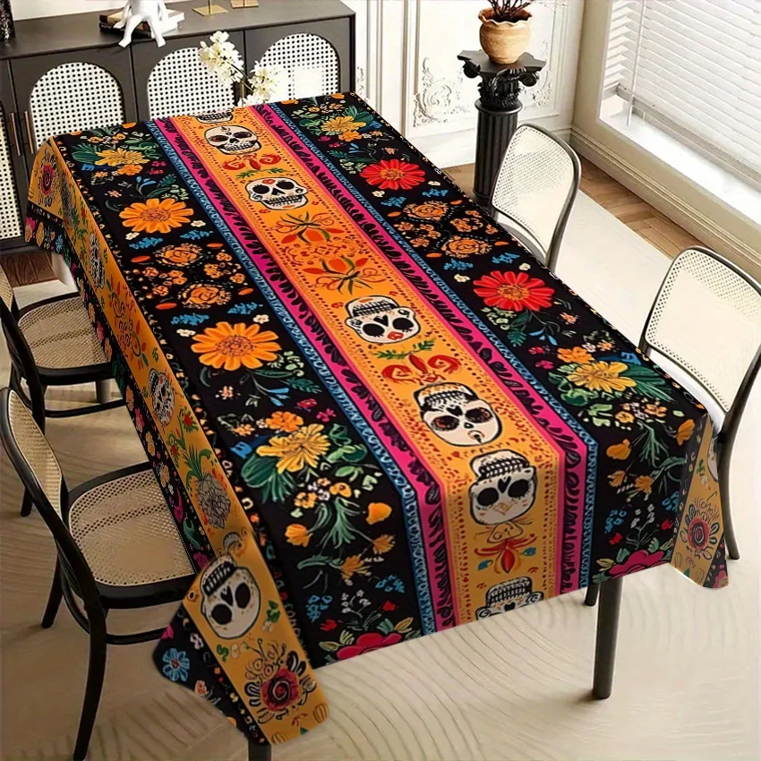 JIT 1PC Black and Orange Patterned Tablecloth for Halloween, featuring skulls and floral decorations on a rectangular design.zyc