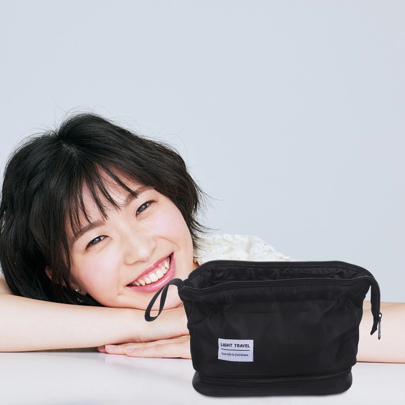 

Travel Bag Women Makeup Pouch Black Waterproof Portable Toiletries Storage Oxford Zipper Design Double Layer