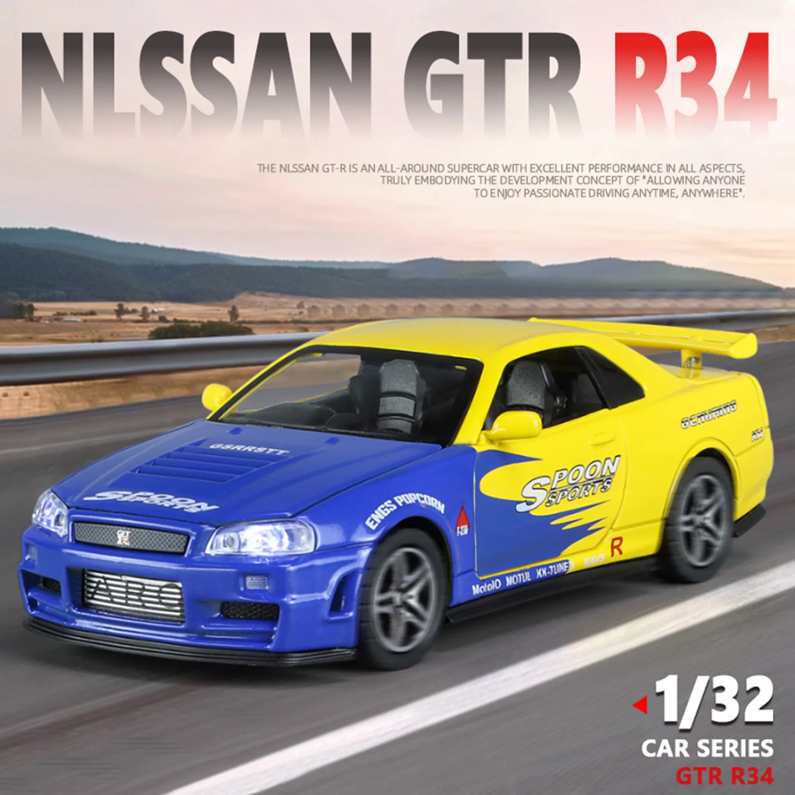 1:32 GTR R34 سيارة رياضية فائقة سبيكة معدنية دييكاست نموذج سيارة التراجع الصوت والضوء الأم أطفال ألعاب الأطفال لصبي صديق