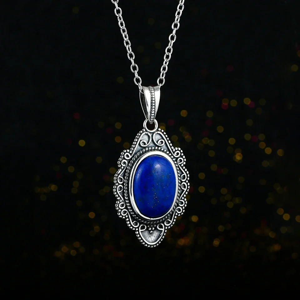 S925 Silver Necklace Vintage Oval Lapis Pendants Necklace Jewelry for Women Party Birthday Gifts Fine Jewelry