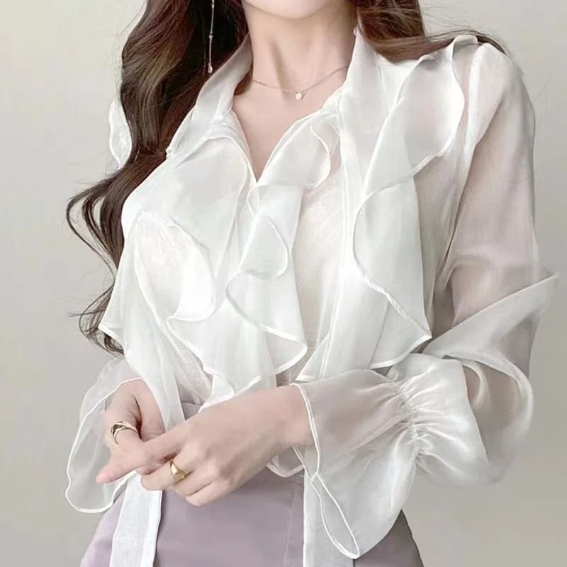 Korean Style Female See-through Blouse Lightweight Long Flare Sleeve Ruffles Patchwork Office Lady Shirts Sexy Women Chiffon Top