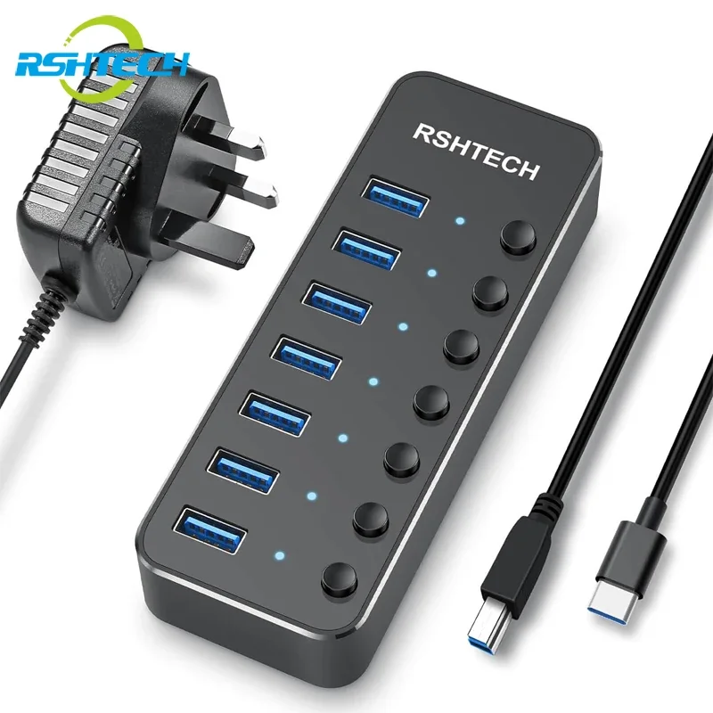 rshtech hub usb 30 de portas de aluminio gbps divisor de transferencia de dados com interruptores liga desliga individuais e adaptador 5v 2a 01