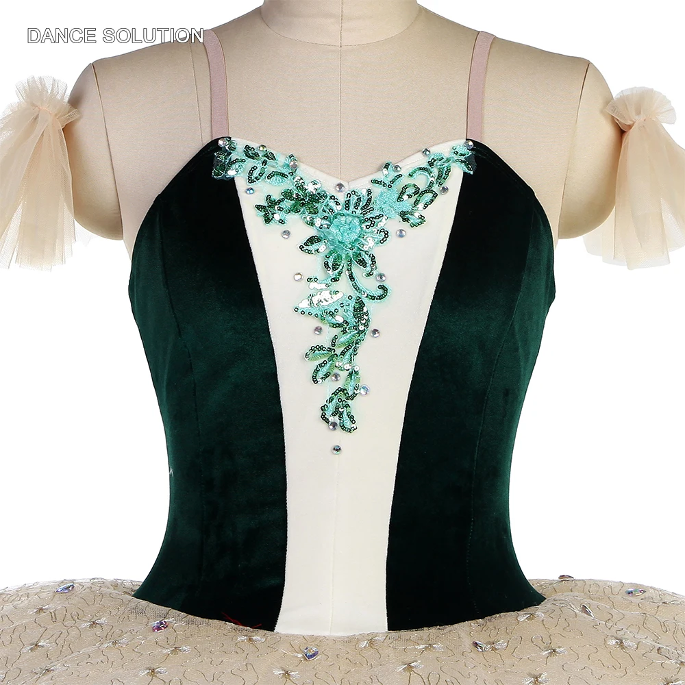 Professional Ballet Tutu Costume Dark Green Velvet Bodice with Ivory Pancake Tutu Skirt Ballet Outfit for Women & Girls BLL546