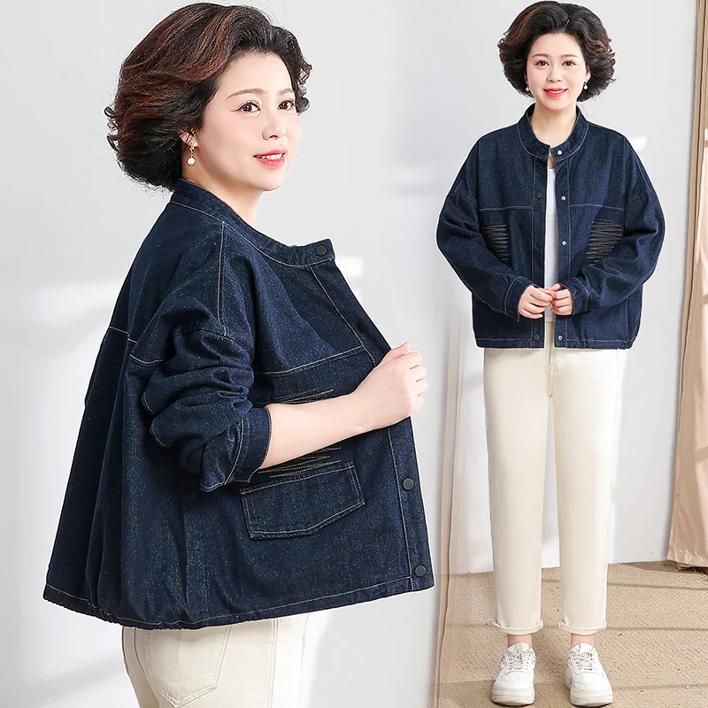 

Повседневная легкая джинсовая куртка для женщин среднего возраста, весенне-осенняя модная верхняя одежда свободного кроя с накладными карманами