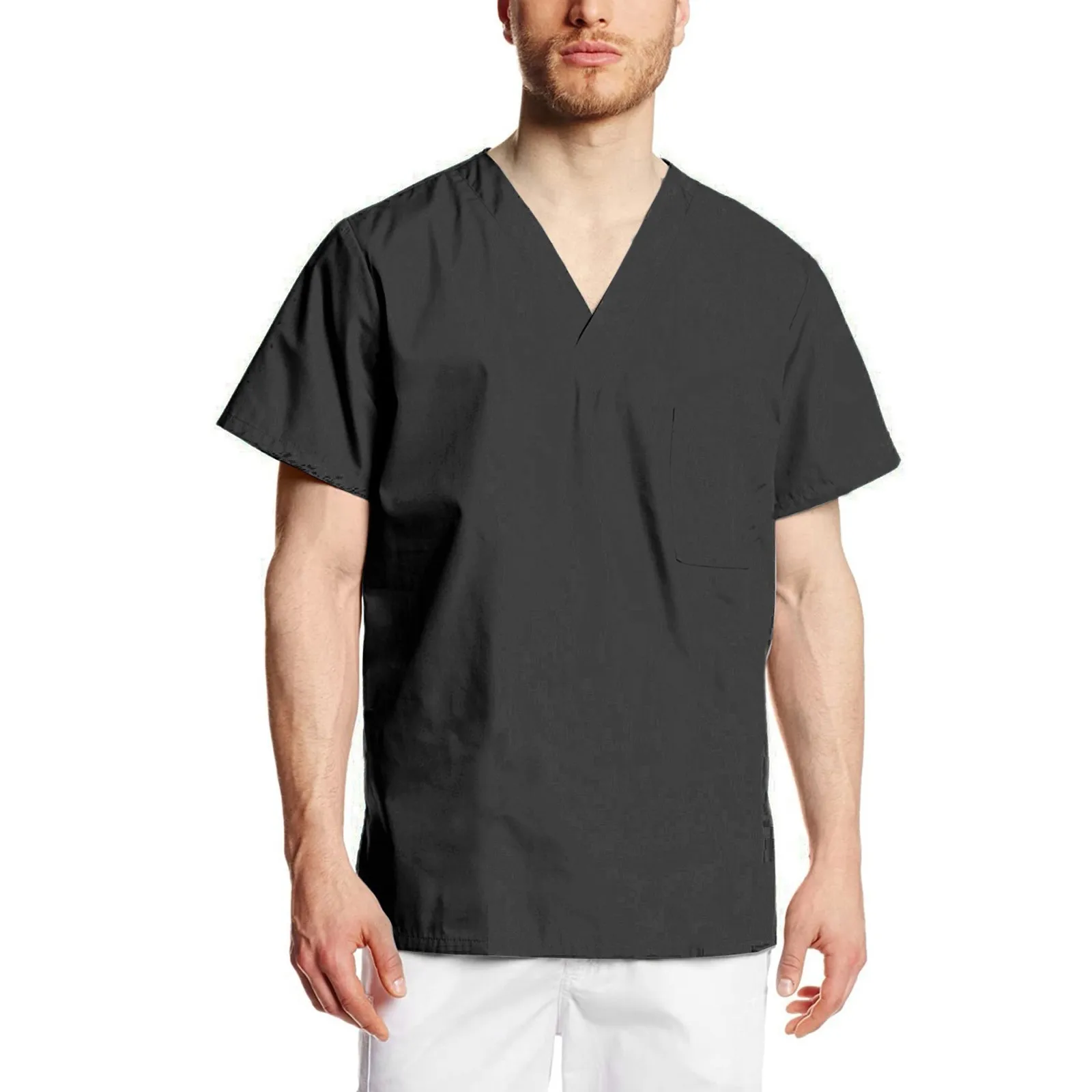 Medical Uniform Mens Nurse Tunic Scrubs Solid V Neck Short Sleeve Blouses Hospital Tops Surgical Workwear Male Dentist Tee