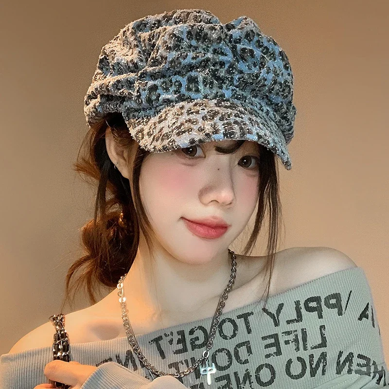 New Personalized American Retro Leopard Print Beret Women Spring and Autumn Big Head Trend Color Matching Octagonal Painter Hat