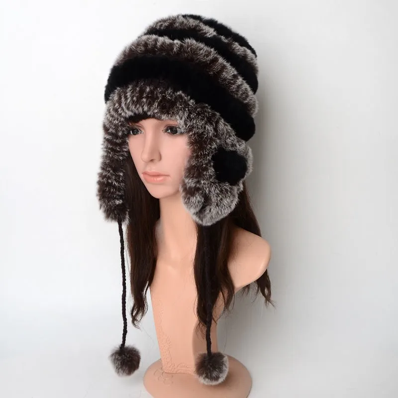 Woolen knitted hat for women ear cold and warmth lace-up color-blocked fur high top wool
