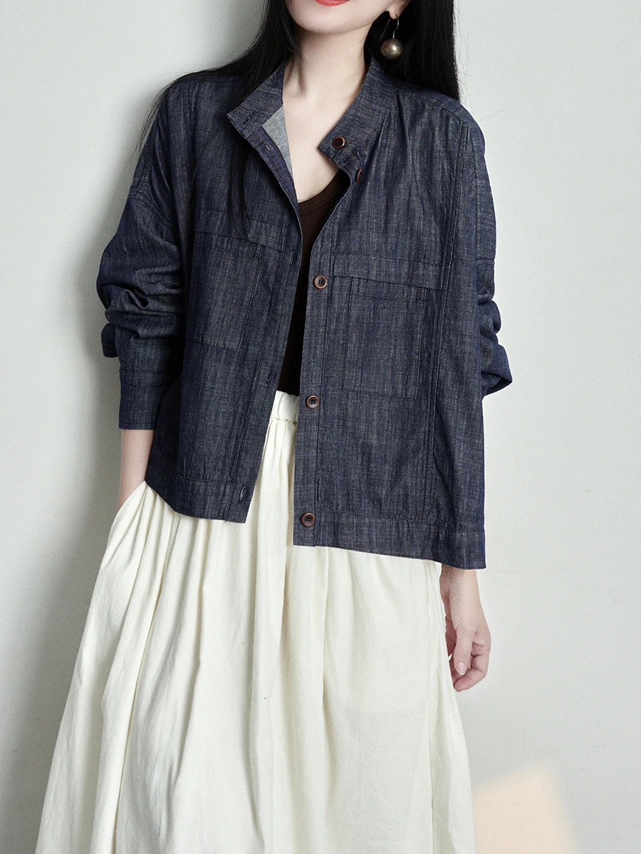 

ArtisticSlimFitLinenDenimortJaetLightweightSpringFaionWomen'sVintageSleLongSveButtonClosureOuterwear