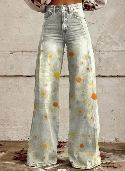 Fashionable Floral Women\'s Jeans Korean Elegant High Waisted Wide Leg Pants Loose Full Ladies Casual S-Xl Faux Denim Pants