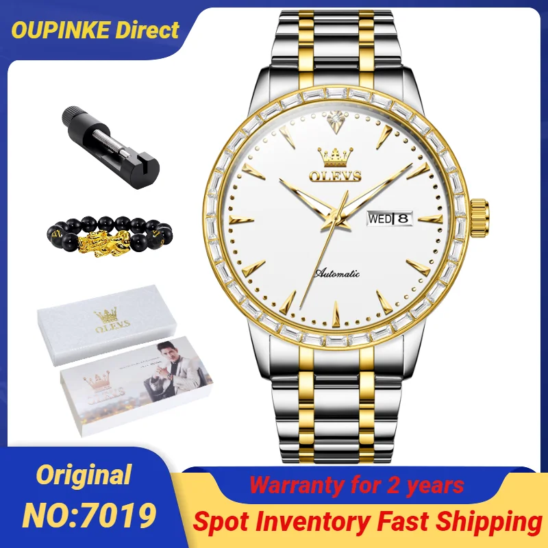 OLEVS 7019 Men's Watches Luxury Diamond Dial Date Calendar Luminous Waterproof Dress Elegant Automatic Mechanical Watch for Men