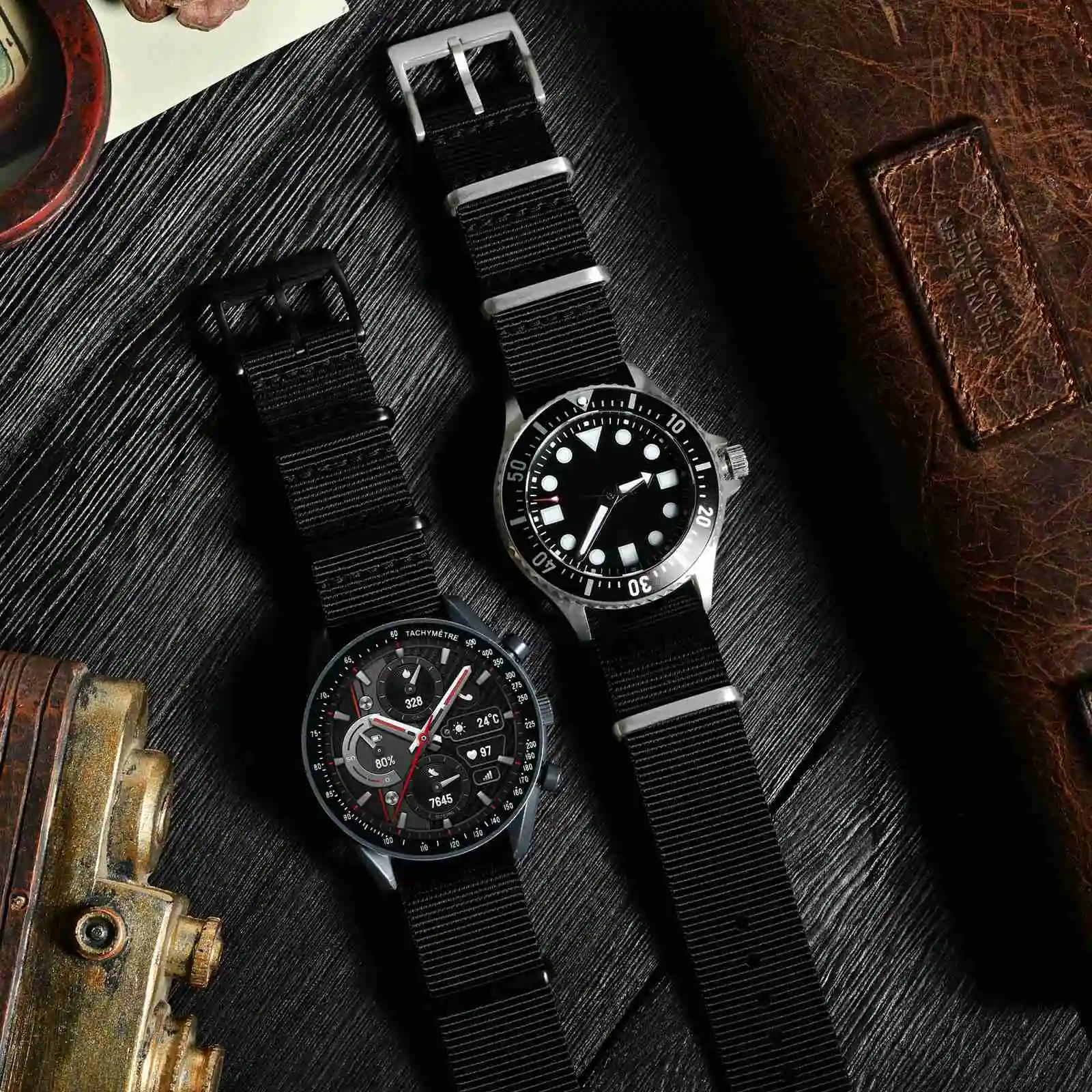 حزام ساعة Ayadoo من النايلون قطعة واحدة، حزام بديل على الطراز العسكري باللون الأسود والبني مع إبزيم من الفولاذ المقاوم للصدأ، العرض 18 20 22 مم