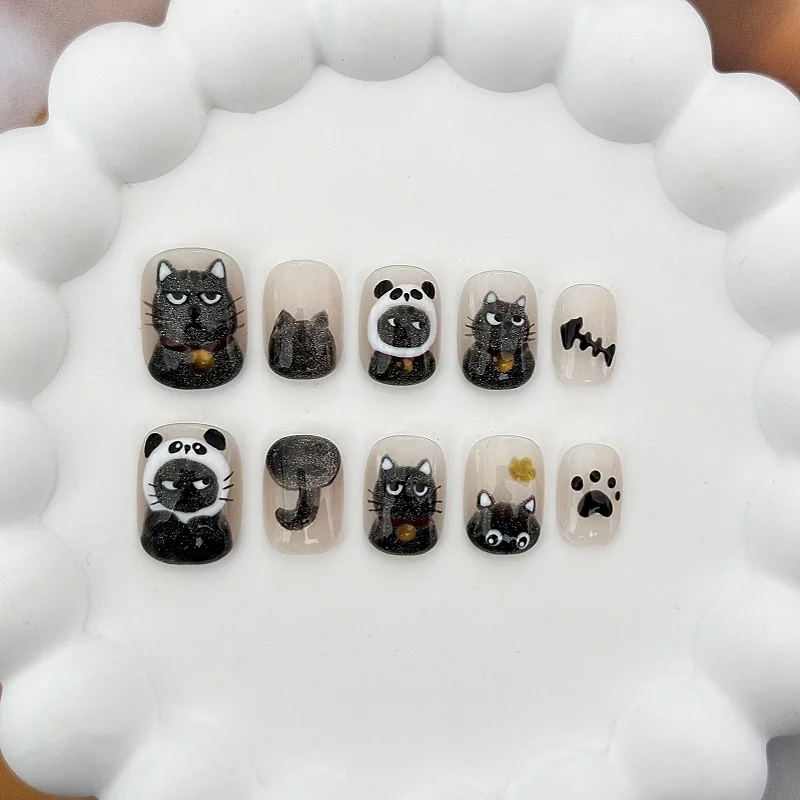 10 Pieces Cute Cartoon Childish Press On Nails Handmade Black Cat Unhappy Panda Fishbone Cat Claw Short Fake Nail Patches