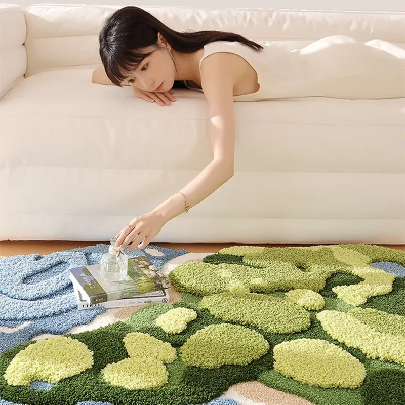 Natural Style Moss Area Rug Bedroom Bedside Rug Thickened Flocking Cloud Foot Feel Home Living Room Decoration Long Carpet