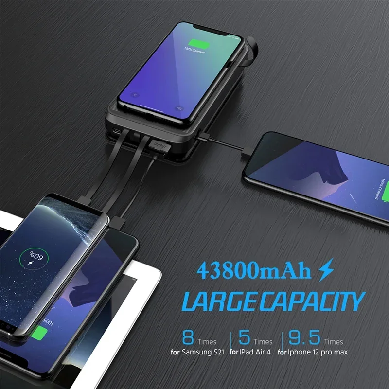 43800mAh ソーラーパワーバンククイックワイヤレス充電器 iPhone 13 Samsung Xiaomi Powerbank PD22.5W 高速充電ポータブル Poverbank