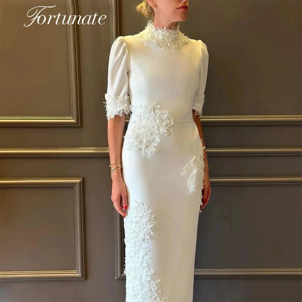 

Fortunate Elegant Lace Applique Stain Beading Prom Dress Short Sleeve Sheath High Neck Ankle Length Formal Occasion Evening robe