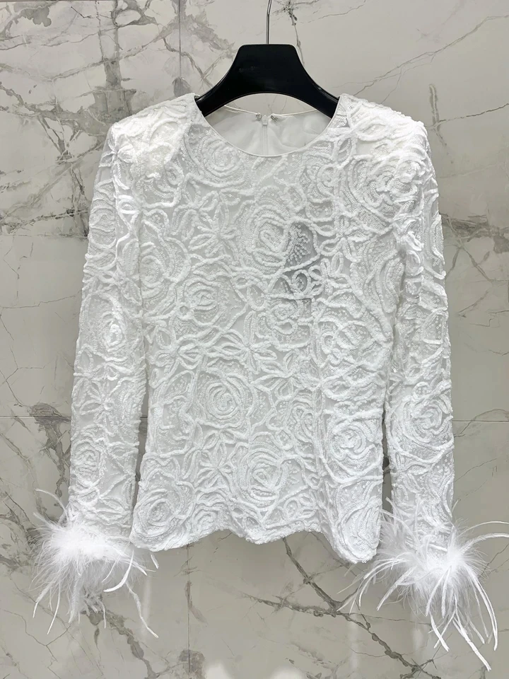 2024 Spring Summer Luxury Women Sequined Long Sleeve Feathers Sequined T-Shirt Tee Tops 2 Color