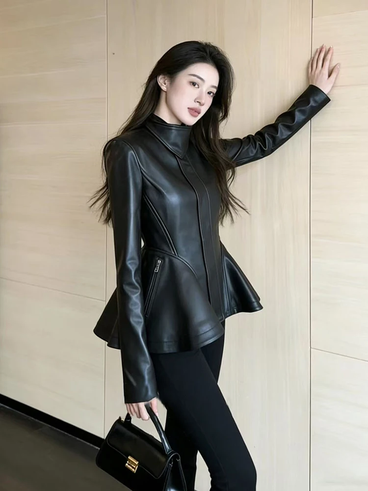 Lautaro Spring Autumn Cool Black Retro Soft Pu Leather Jackets for Women Zipper Stand Collar Elegant Luxury Designer Clothes