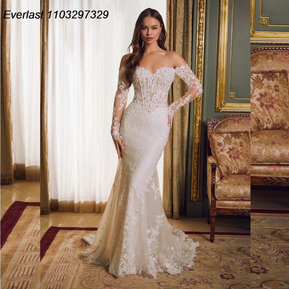 

EVLAST Customized Mermaid Lace Wedding Dress Long Sleeve Applique Beaded Vestido De Novia Bridal Gown Robe De Mariee TMD30