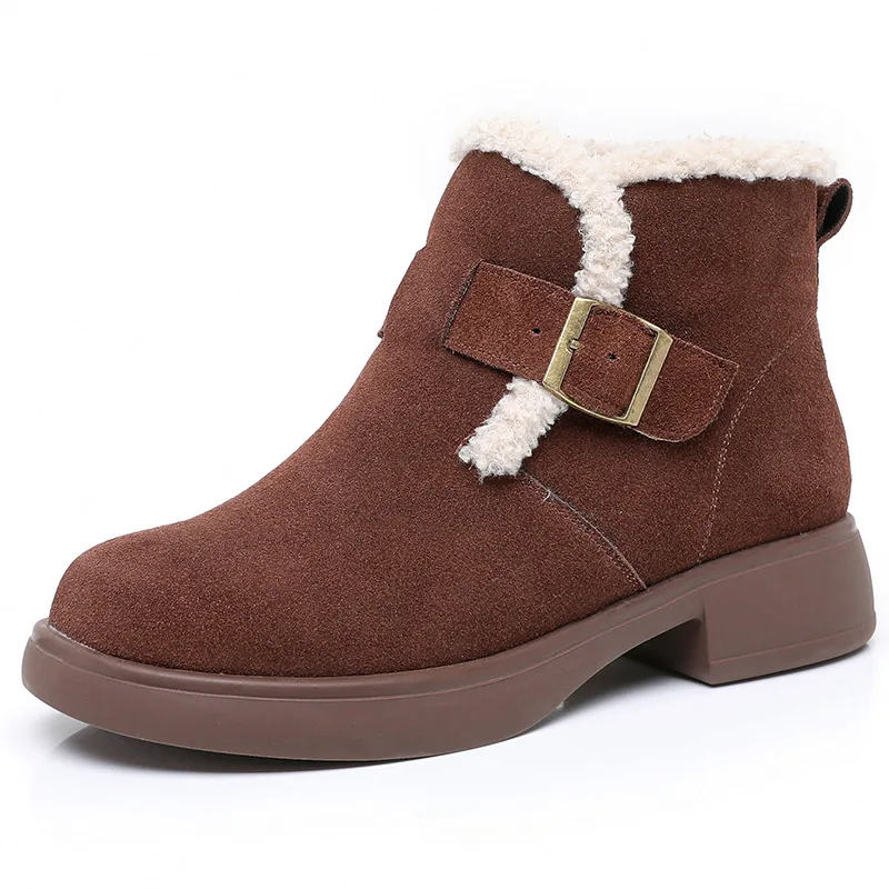 

Winter Snow Boots 42 43 Women Cow Suede Furry Soft Sole Non-slip 2024 Winter Warm Ladies Shoes Handmade Retro Short Boots