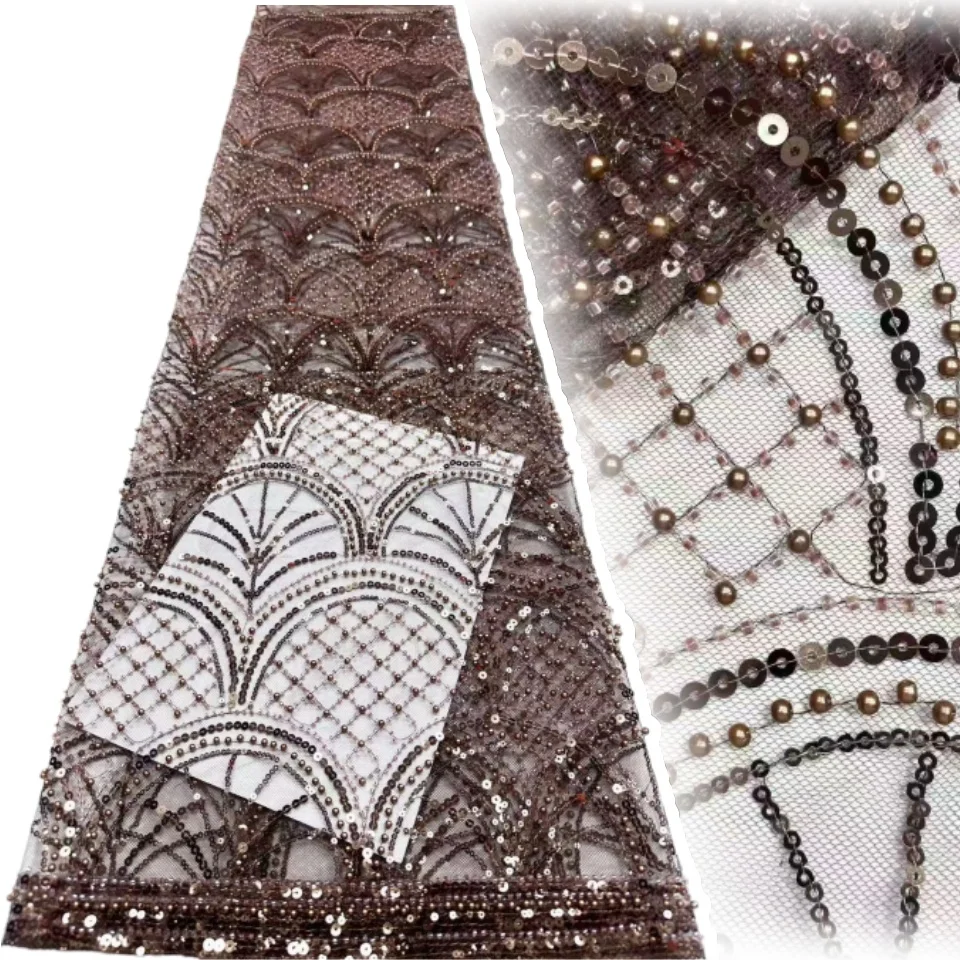 

2026 Red Latest African Beaded Lace Fabric High Quality French Sequin Lace Fabric Nigeria Mesh Tulle Wedding Dresses 5Yards 2230