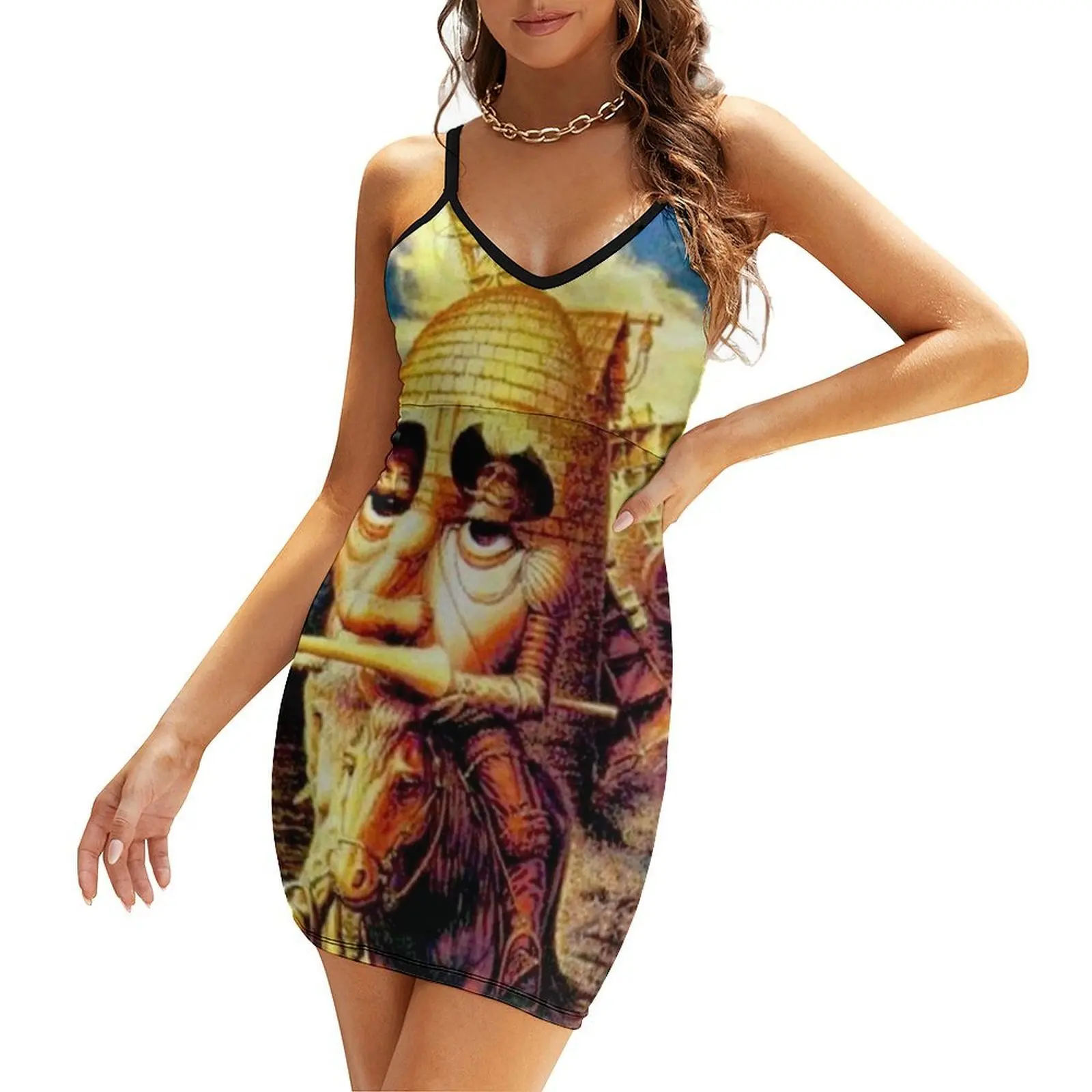 

DON QUIXOTE : Vintage Abstract Tilting at Windmills Print Sling Dress dress for women Dance dresses