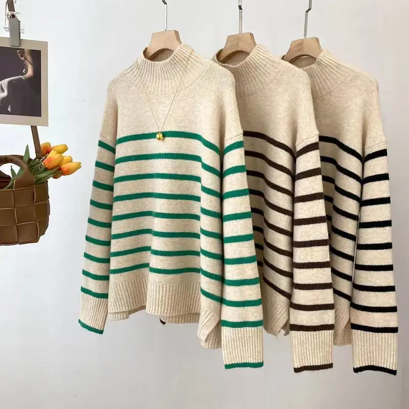 Fashion Contrast Color Striped Half High Collar Autumn Winter New Knitted Top Comfortable All-match Sweater Female Undershirt