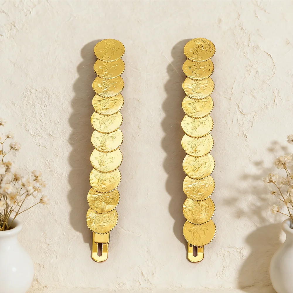 Retro Gold Plated Coin Hair Barrettes Embossed Metal Coin Hair Clips Women Bohemian Wedding Festival Hair Jewelry