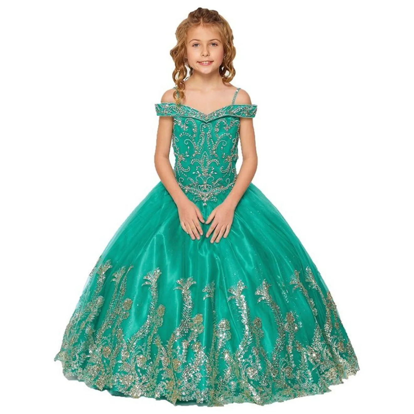 Luxo sem alças lantejoulas fora do ombro cinta de espaguete uma linha casamento vestido da menina flor até o chão elegante vestido de comunhão